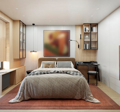 3D rendering of a bedroom interior featuring a large bed, shelving, and a workspace. Bedroom interior design and decor. Desk in the bedroom.