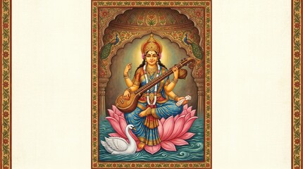 Obraz premium Goddess Saraswati Sitting on Lotus Flower Playing Veena.