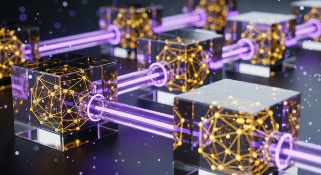 AI-generated 3D illustration of a blockchain network. Glowing data blocks represent secure enterprise transactions and distributed ledger technology innovation.