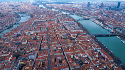 Aerial view of the old town of the city Lyon on a sunny spring afternoon in France © Adam