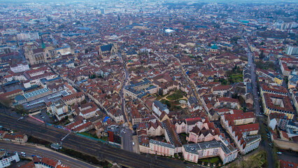 Fototapeta premium Aerial view of the old town of the city Dijon on a cloudy autumn morning in France