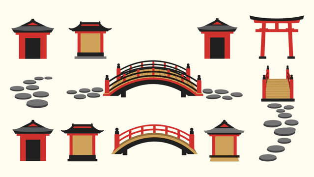 Japanese garden torii bridge zen pond stone path lantern bonsai maple gate roof pagoda vector illustration