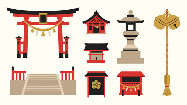 Japanese shinto shrine elements collection with red torii gate stone lantern and suzu vector illustration set