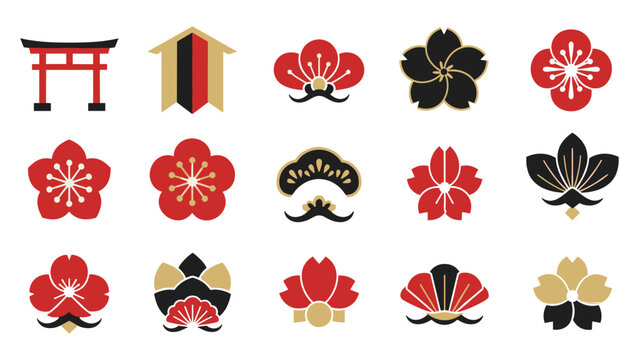 Japanese kamon style icons with sakura cherry blossom and pine motifs vector illustration set