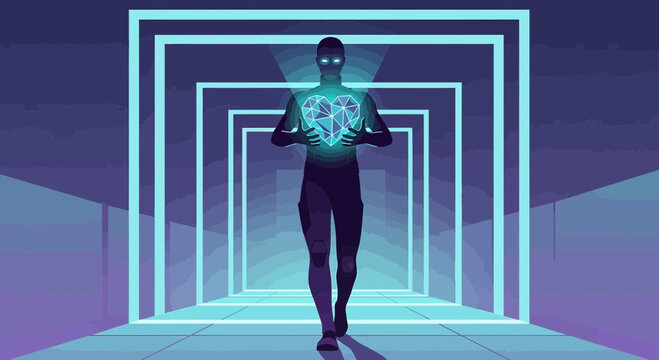 Futuristic Robot Holding Glowing Geometric Heart in Neon Tunnel, AI Love Concept