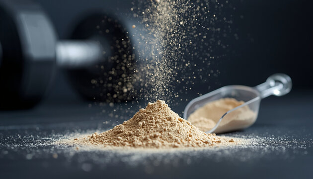 Protein powder spilling from scoop with dumbbell in background, fitness supplement concept