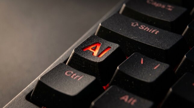 Extreme macro of a black computer keyboard with AI text in red on a keycap.