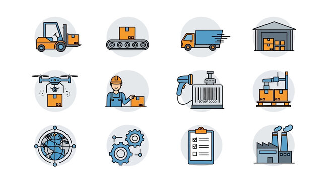 Logistics and supply chain management icon set with industrial symbols.
