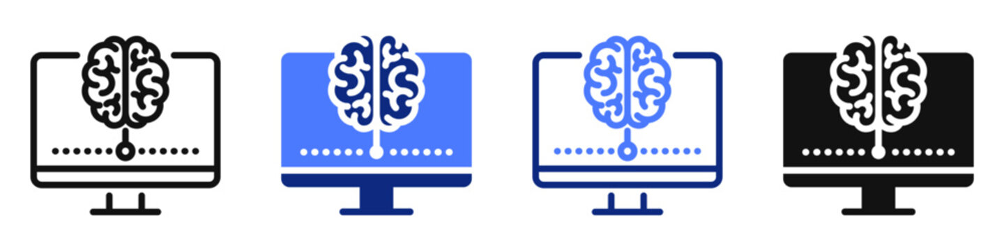 Vector icon or logo of human brain with AI chip and desktop computer related to artificial intelligence, machine learning. Symbol for website or app UI, logo design, illustration