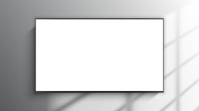 Front view of widescreen realistic TV with blank empty white screen hanging on white wall