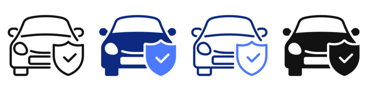 Vector icon or logo of car with check mark and shield related to car insurance, car safety and protection service. Symbol for website or app UI, logo design, illustration