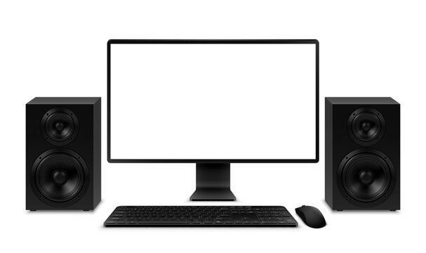 Vector illustration of black desktop pc, widescreen monitor with blank empty white screen, system unit, keyboard, mouse, audio speakers. Realistic mockup or template, isolated on white background