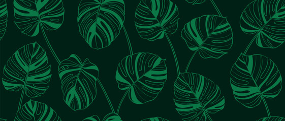 Modern seamless pattern with trendy tropical palm monstera leaves on green background. Suitable for backgrounds, wallpapers, textiles, prints. © Hulinska Yevheniia