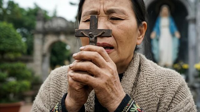 Asian woman in prayer with crucifix and statue of virgin mary. Deep devotion and spirituality in catholic worship footage.