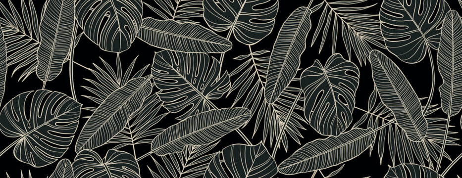 Abstract art black and white tropical line art leaves seamless background vector. Wallpaper design with leaves shapes and scribble doodle linear leaf. vintage botanical floral seamless pattern.
