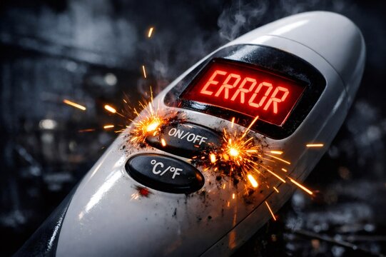 Digital thermometer displaying a clear ERROR message on its screen with sparks and smoke emitting from the onoff buttons, symbolizing technical issues and malfunction
