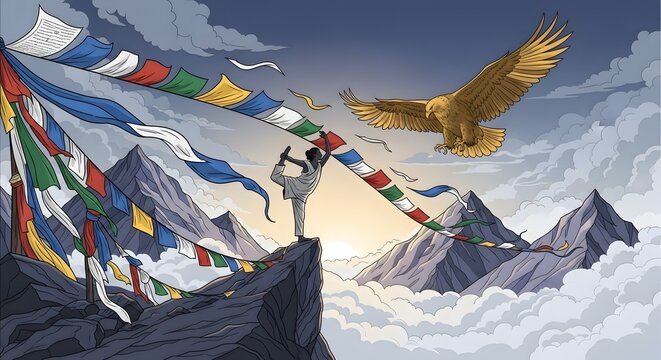 Hiker stands on a snowy mountain peak holding colorful prayer flags while an eagle soars through the clear sky.