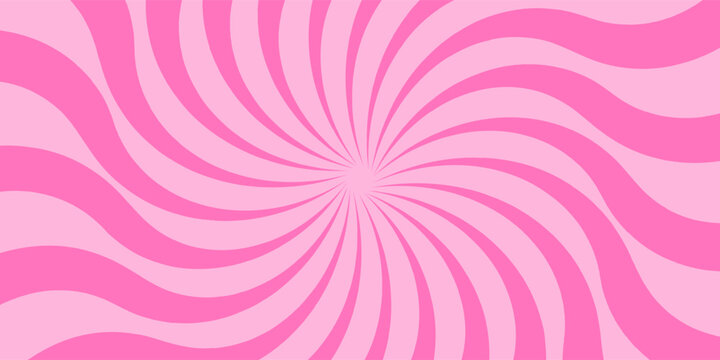 Retro candy cane spiral background with strawberry cream swirls. Pink whirlpool bg. Whimsical Y2K vortex pattern featuring pastel pink and white radial beams in psychedelic cartoon style.