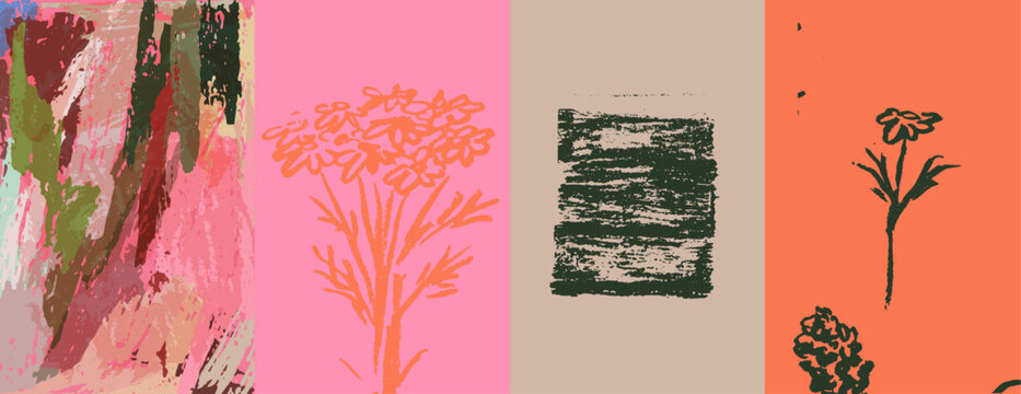Pastel, oil paint, marker or wax crayon colored print texture cover or brochure. Grunge print textures with camomile flowers background. Abstract floral charcoal or chalk poster or placard wall art.