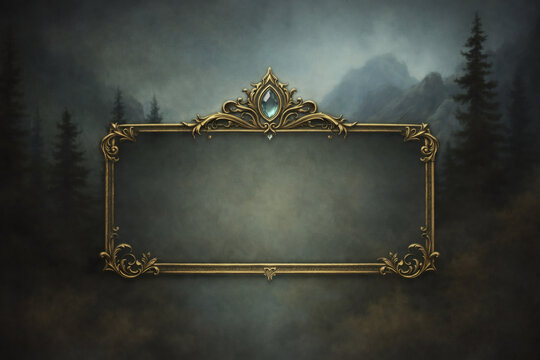 Dark fantasy gold frame with magic crystal on mystical forest background, ornate border with copy space