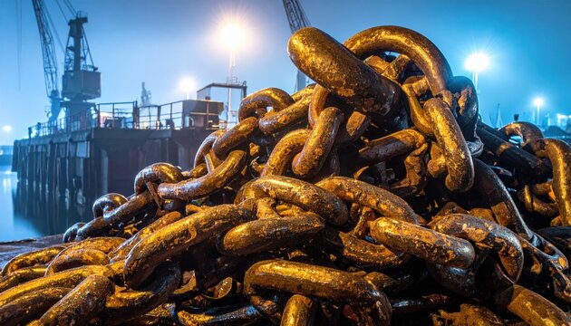 Massive industrial chains interlocked and securing a maritime vessel in a port environment