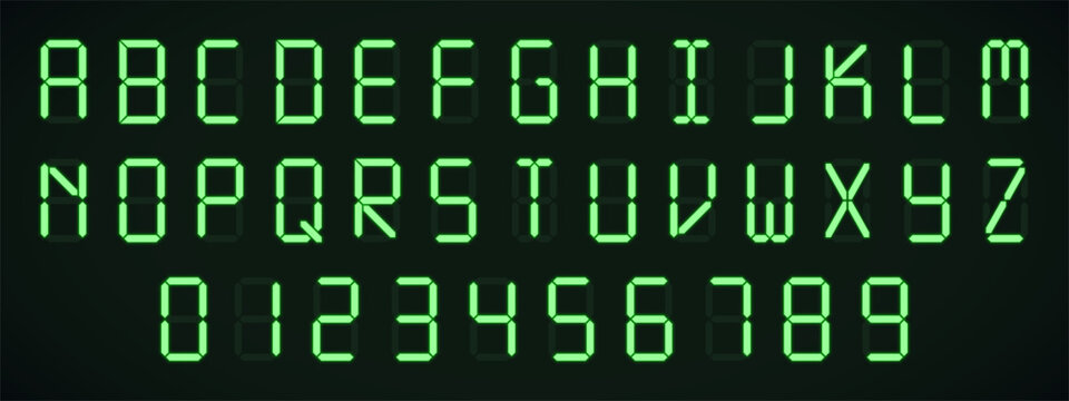 Full set of glowing digital letters and numbers. Green LED display alphabet and digits isolated on dark background