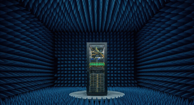 Enterprise AI Server Rack Undergoing EMC Testing in an Anechoic Chamber for Advanced Data Center and Cloud Computing Innovation.
