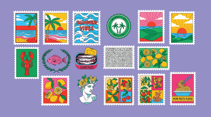 Set of colorful summer themed postage stamps with tropical beaches, food, and retro illustrations © Saharia