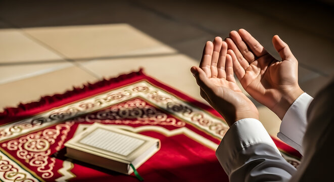 Person praying with hands raised and quran on prayer mat indoors