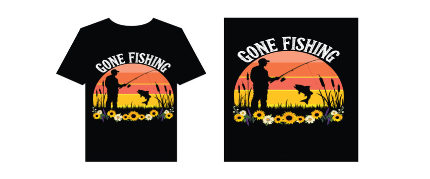 Gone Fishing Illustration with Sunset and Sunflowers