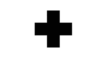 Fototapeta premium Minimalist black medical cross symbol isolated on a solid white background, representing first aid, healthcare, hospital emergency services, pharmaceutical clinics, and safety icons.