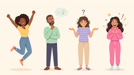 Fototapeta premium Diverse Multiethnic People Expressing Different Emotions and Reactions in Flat Vector Illustration Style