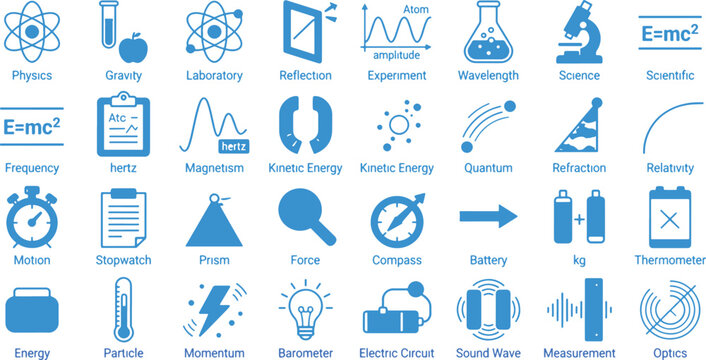 A clean, organized grid of flat vector icons related to physics and scientific concepts. Include the following icons physics (formula or atom symbol)