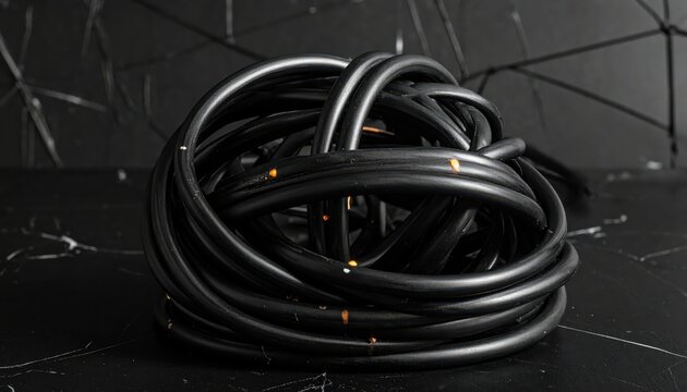 Abstract Sculpture of Interwoven Dark Metallic Strands Forming a Dense Impenetrable Form