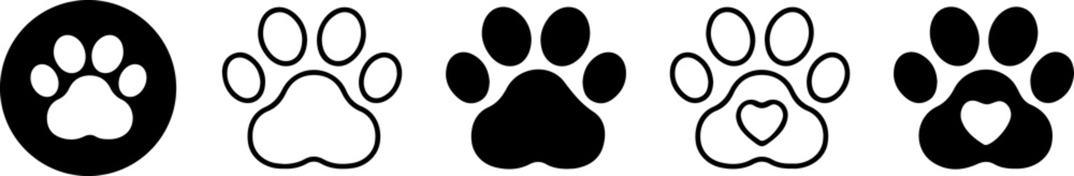 Paw footprint set icons, cute animal track with heart, paw icons in solid and line style.