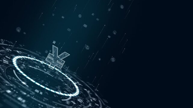 Motion graphic of yen symbol on a futuristic interface with digital currency data and fintech visuals, creating a financial technology background for business video.