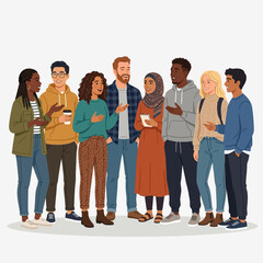 Obraz premium Diverse Multicultural Group of Students and Young Professionals Standing Together in Flat Vector Style
