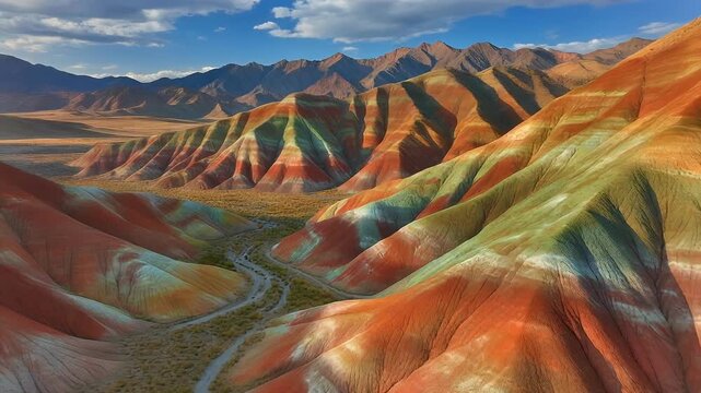 A breathtaking aerial view showcases the vibrant, layered rock formations of the Painted Hills in Oregon, bathed in sunlight and framed by a clear blue sky and distant mountain range.