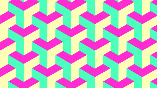 Geometric 3D chevron pattern with pink green and yellow blocks