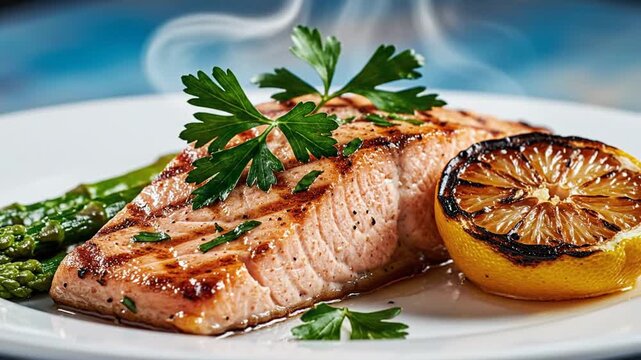 Steaming hot grilled salmon fillet with visible char marks garnished with fresh parsley sprigs served on a white plate with charred green asparagus and a grilled lemon half.