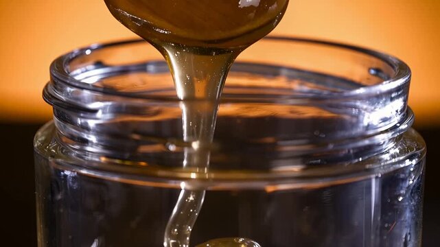 Golden liquid honey pouring from a spoon into a transparent glass jar