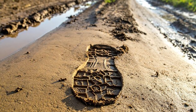 A single sturdy boot footprint impressed deeply in freshly turned mud on an outdoor path.