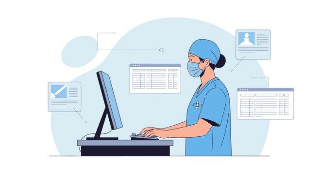 Nurse in Scrubs and Mask Working on Computer, Medical Records and Data Analysis
