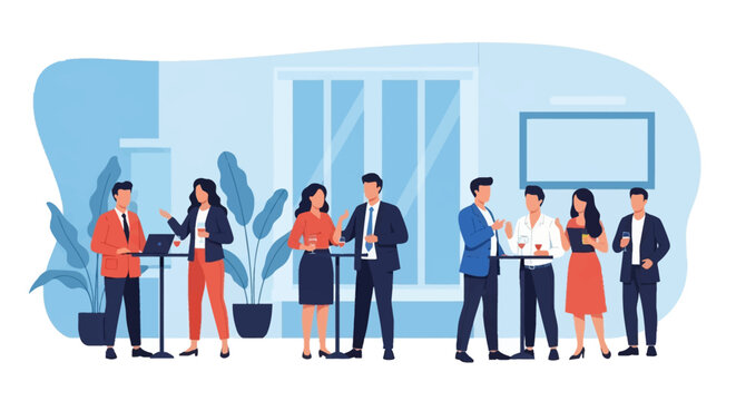 Vector illustration showing a professional corporate networking event with business people socializing, talking, and drinking around high tables in a modern office environment.