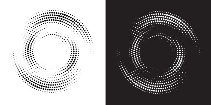 Halftone circular frame abstract design element. Original round border using halftone style dots texture. full Vector illustration on White and Black background