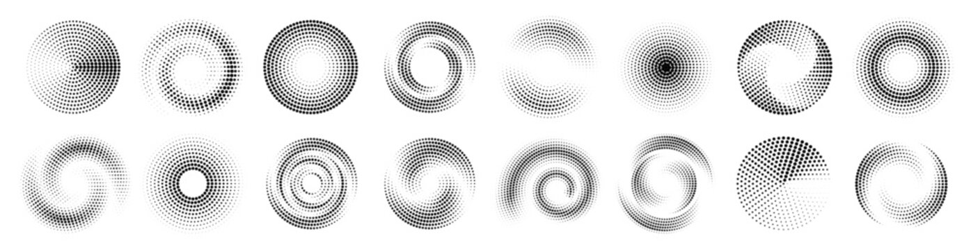 Big Collection of Halftone dots in circle form Shapes. Vector dotted frame sets. Half tones design element