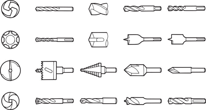 A comprehensive illustration of diverse drill bits and cutting tools showcasing a variety of designs and functionality. 