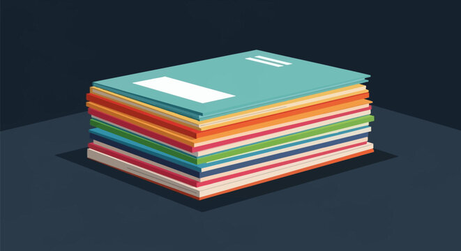 Isometric vector illustration of a stack of colorful corporate catalogs and notebooks with various spine colors including teal, red, orange, and blue on a dark background.