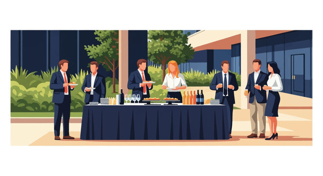 Vector illustration of business professionals in formal attire socializing at an outdoor corporate event featuring a catered buffet table with appetizers and drinks in a courtyard.