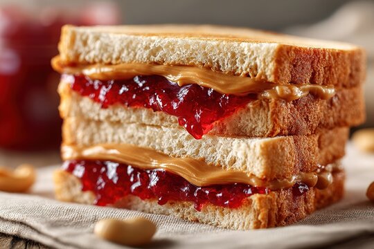 Close-up of a stacked peanut butter and jelly sandwich on a wooden board